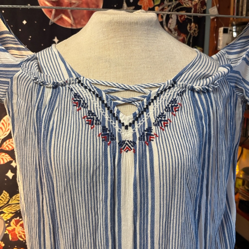 Vintage America Blue and White Striped Fabric Cottage Core, Bell-Sleeve top.
